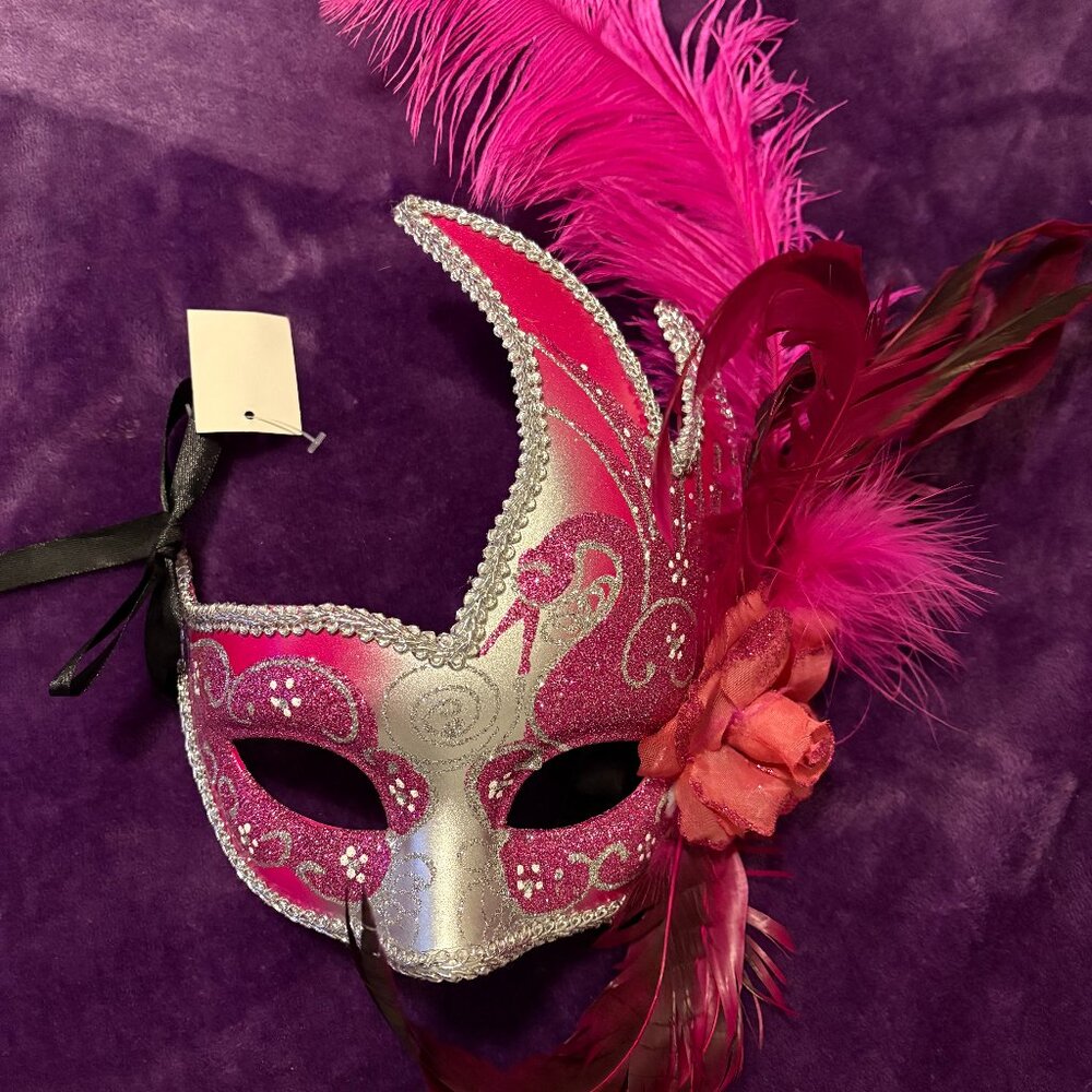 New Masquerade Eye Mask Feathered Glitzy Mardi Gras Elegant Party Parade Magenta